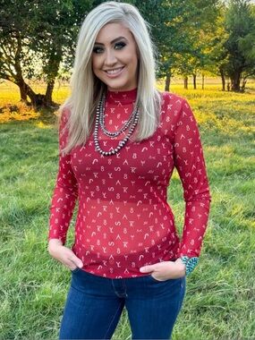 NWT Sterling Kreek Red Long-Sleeve Mock Neck Mesh With Tan Ranch Brands Top